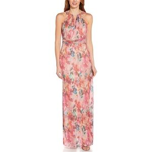 Adrianna Papell Floral Metallic Pleated Halter Gown Sz 10